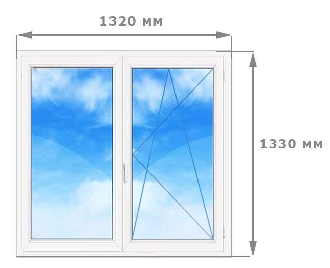 Двухстворчатое окно 1320 на 1330 с двумя открывающимися створками