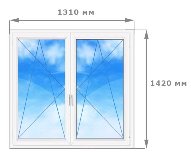 Двухстворчатое окно 1310 на 1420 с двумя открывающимися створками